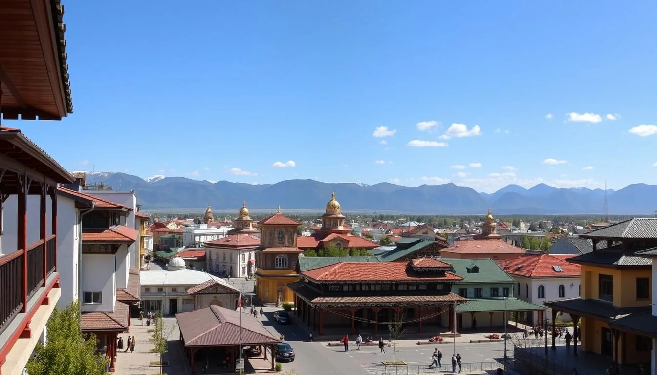 Panoramic-view-of-Ulan-Ude-city-center-with-traditional-architecture-and-mountains-in-the Panoramic view of Ulan-Ude city center with traditional architecture and mountains in the background