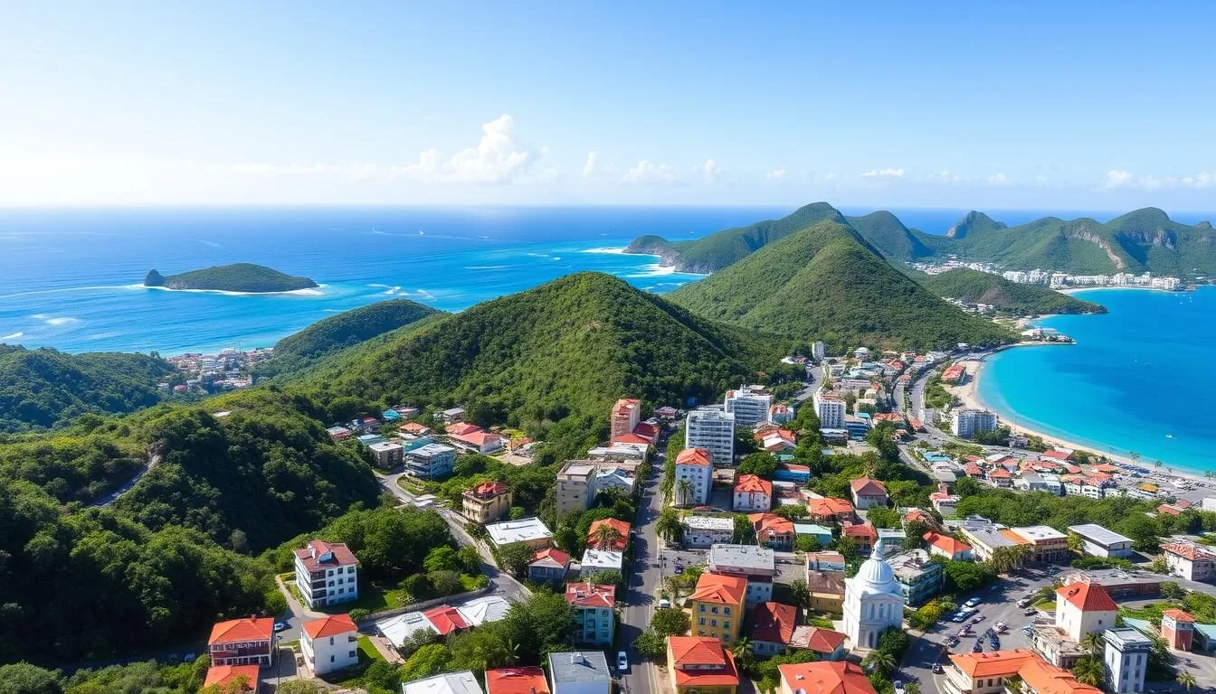 Panoramic view of Victoria, Grenada showing lush green mountains and colorful buildings with the Caribbean Sea in the background