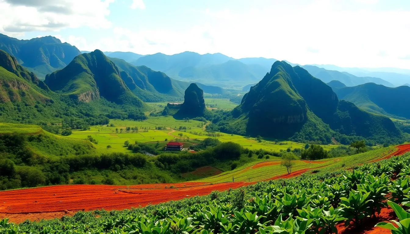 Panoramic view of Viñales Valley showing the distinctive mogotes (limestone formations) rising from the lush green valley floor on a sunny day