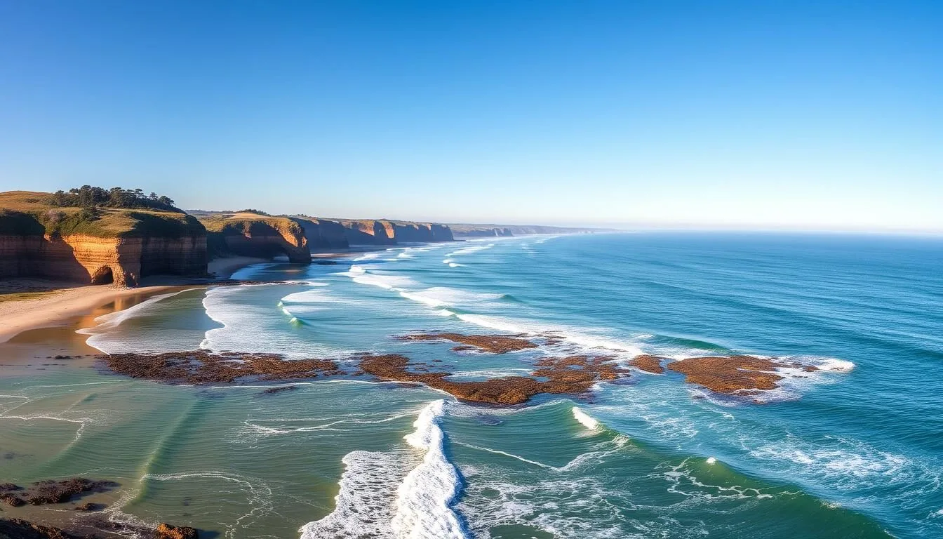 Panoramic view of Warrnambool coastline showing the beautiful beaches and ocean views along the Great Ocean Road