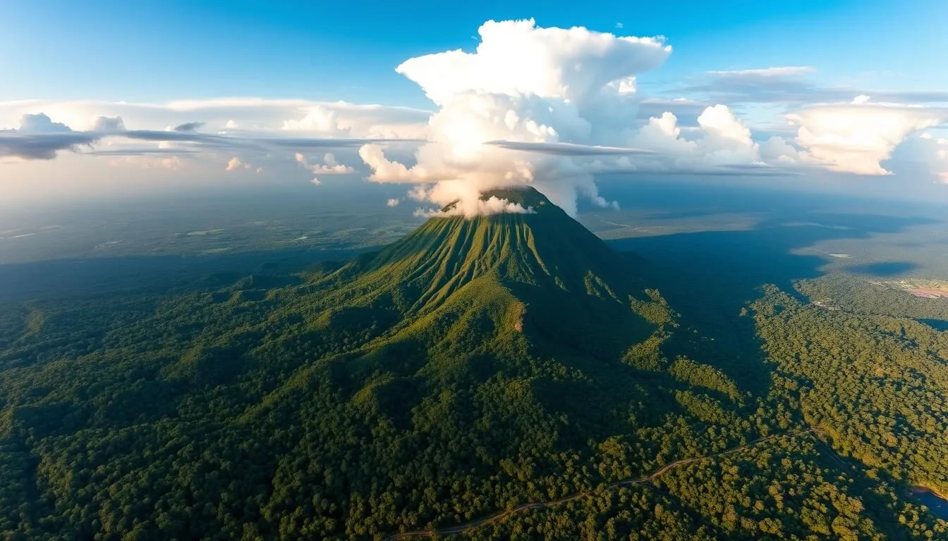 Panoramic view of Waukauyengtipu mountain landscape in Guyana showing lush rainforest and dramatic cloud formations
