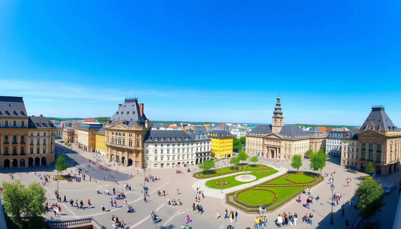Panoramic view of Wiesbaden's historic city center with its elegant architecture on a sunny day