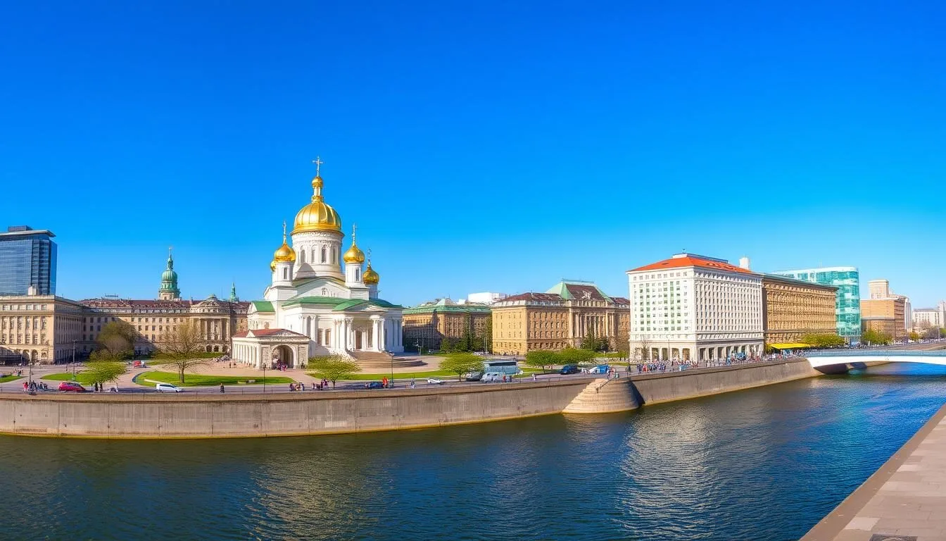 Panoramic view of Yekaterinburg city center with the Church on the Blood and Iset River