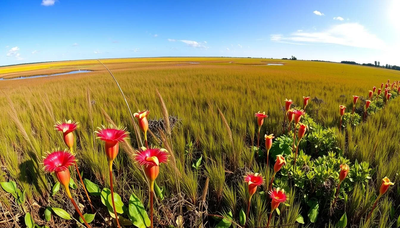 Panoramic view of Yellow River Marsh Preserve State Park showing the vast wet prairie with blooming pitcher plants in Florida