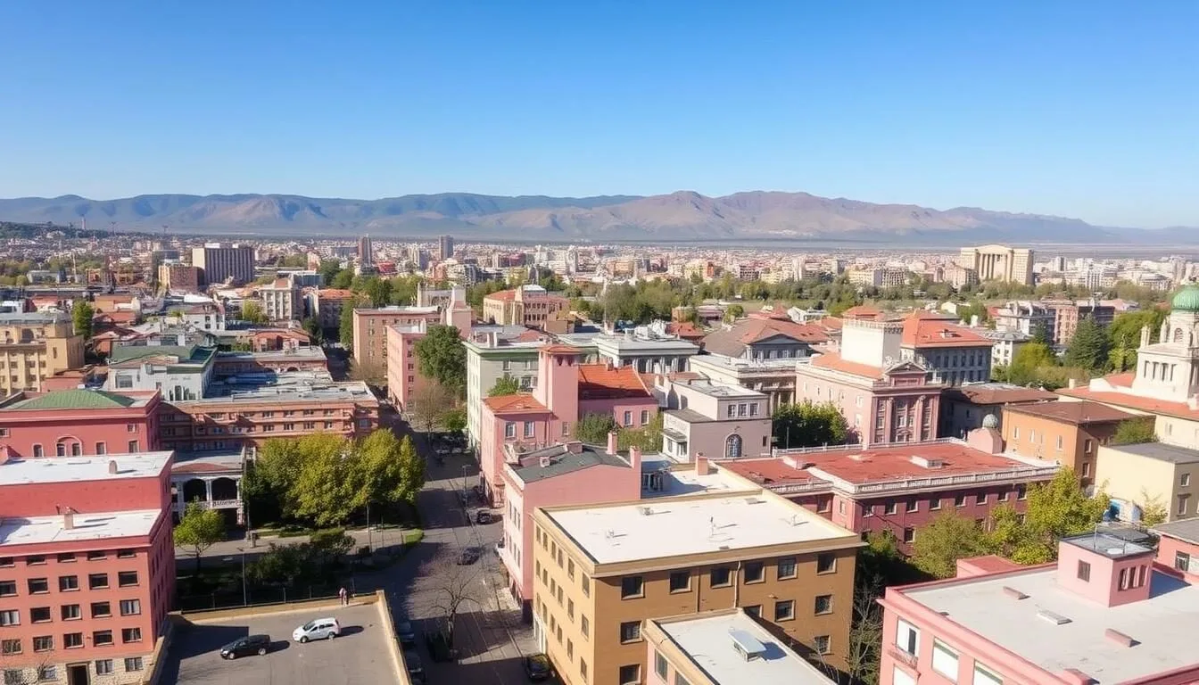 Panoramic-view-of-Yerevan-with-Mount-Ararat-in-the-background-on-a-clear-day-showing-the Panoramic view of Yerevan with Mount Ararat in the background on a clear day, showing the city's distinctive pink buildings