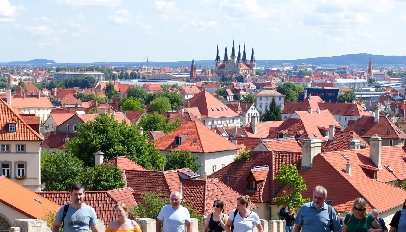 Panoramic view of Zagreb's red-roofed buildings with the Cathedral spires visible in the distance on a sunny day