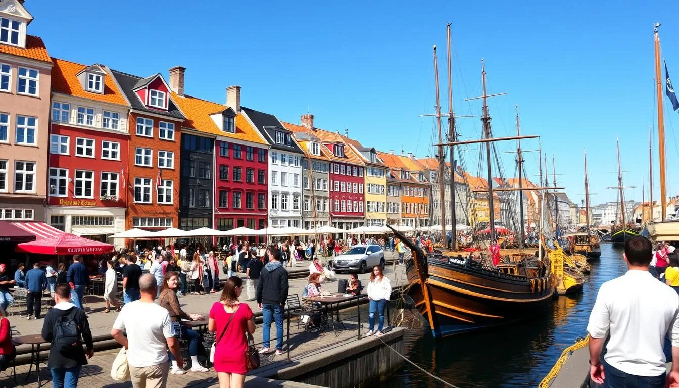 Panoramic view of colorful Nyhavn harbor in Copenhagen, Denmark with historic buildings and boats