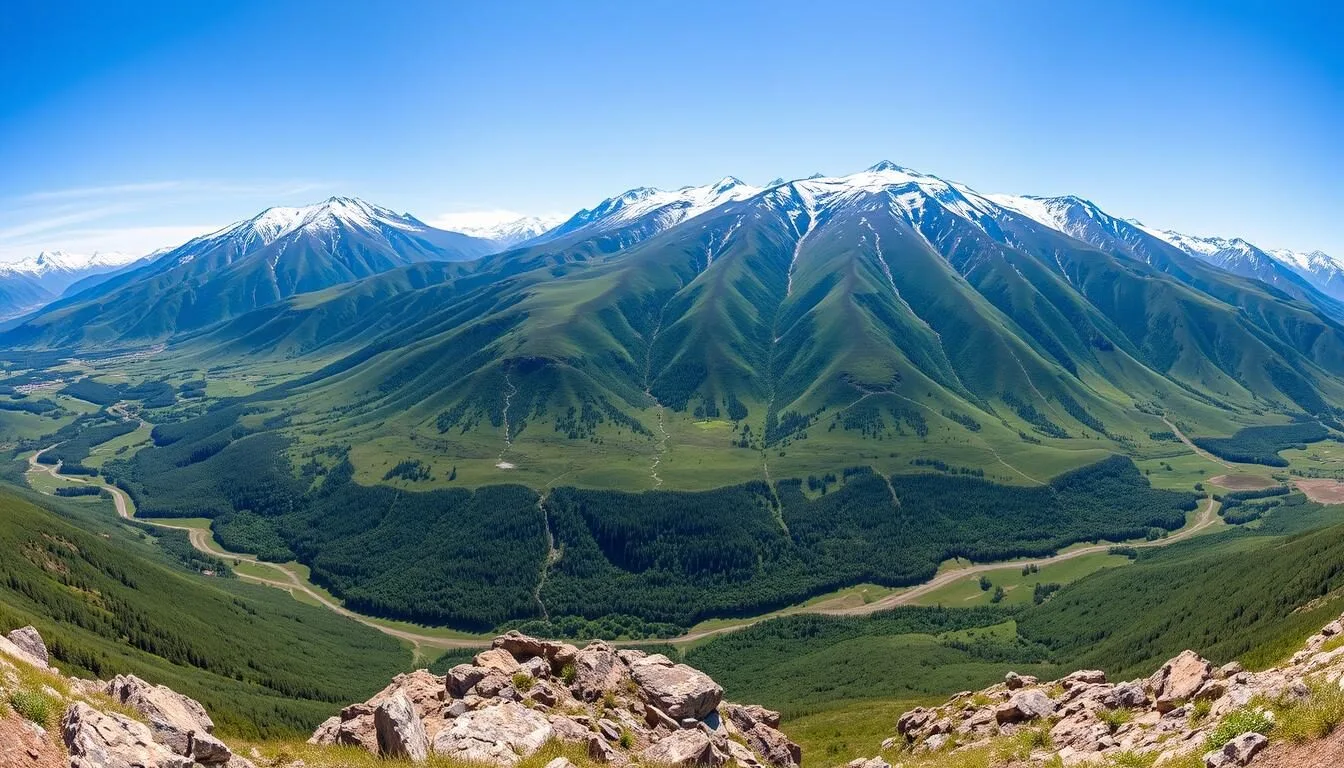 Panoramic view of the Altai Mountains with snow-capped peaks and lush green valleys in summer