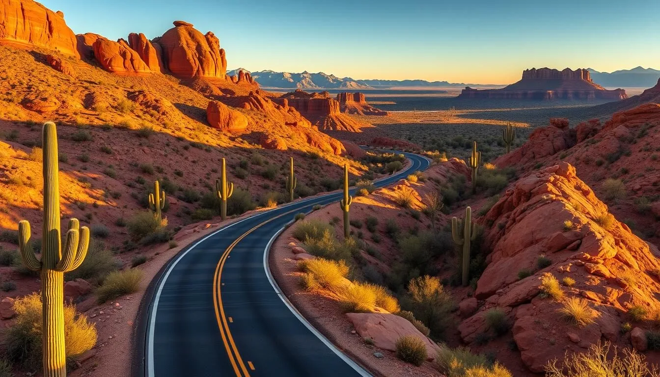 Panoramic view of the Apache Trail Scenic Drive winding through the Superstition Mountains in Arizona