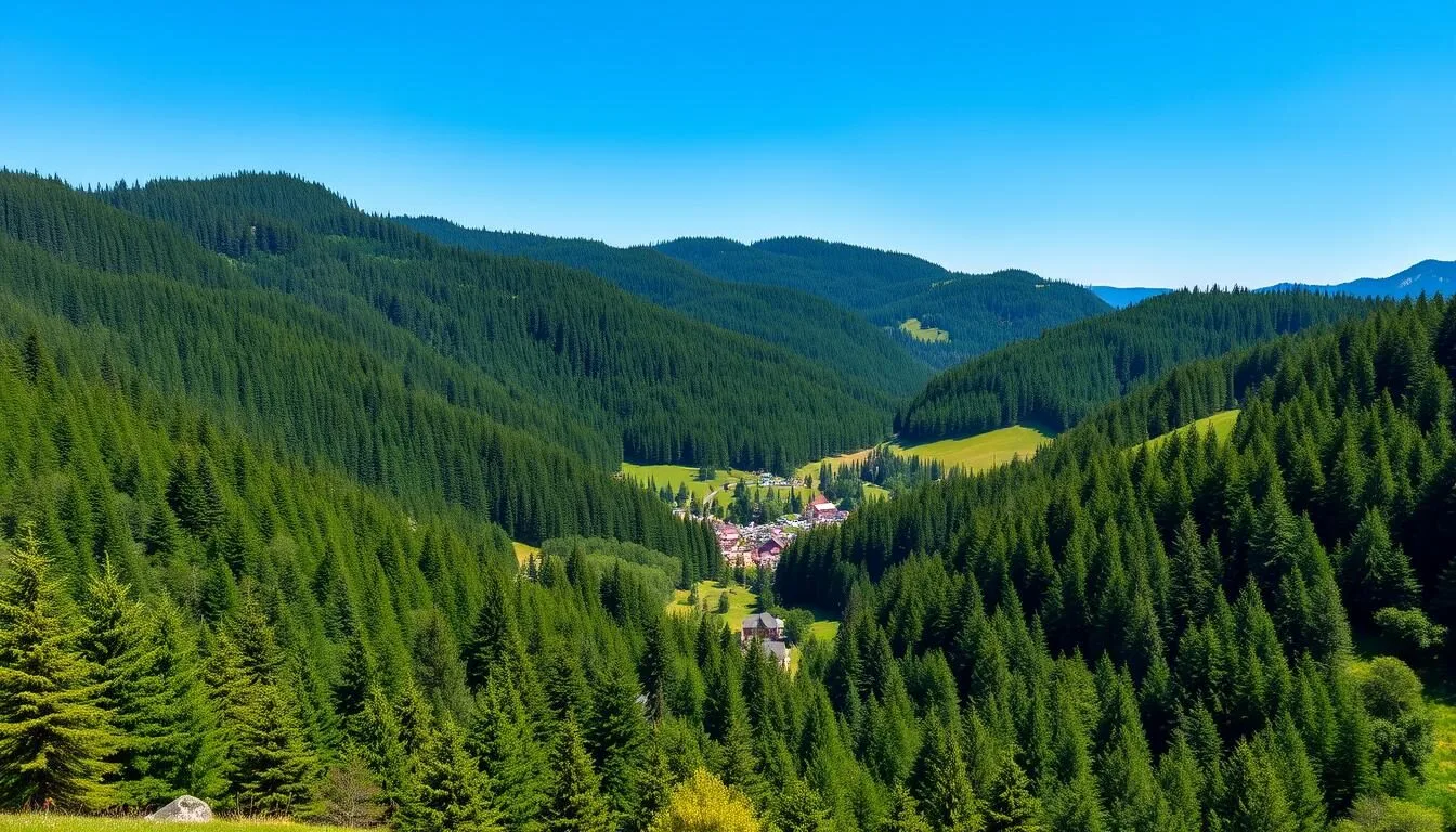 Panoramic-view-of-the-Black-Forest-landscape-with-dense-evergreen-trees-and-rolling-hills Panoramic view of the Black Forest landscape with dense evergreen trees and rolling hills
