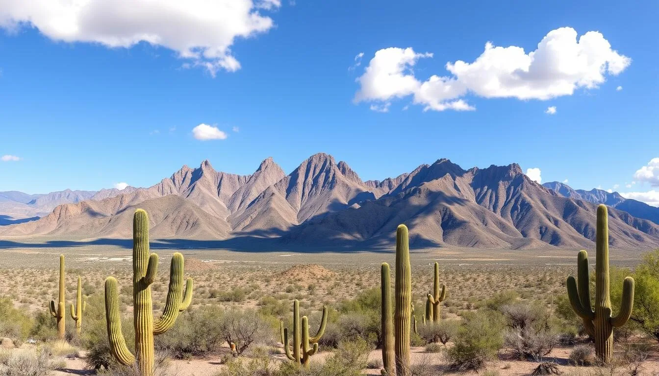 Panoramic-view-of-the-Galiuro-Mountains-showing-dramatic-peaks-rising-from-the-desert-landscape Panoramic view of the Galiuro Mountains showing dramatic peaks rising from the desert landscape with saguaro cacti in the foreground