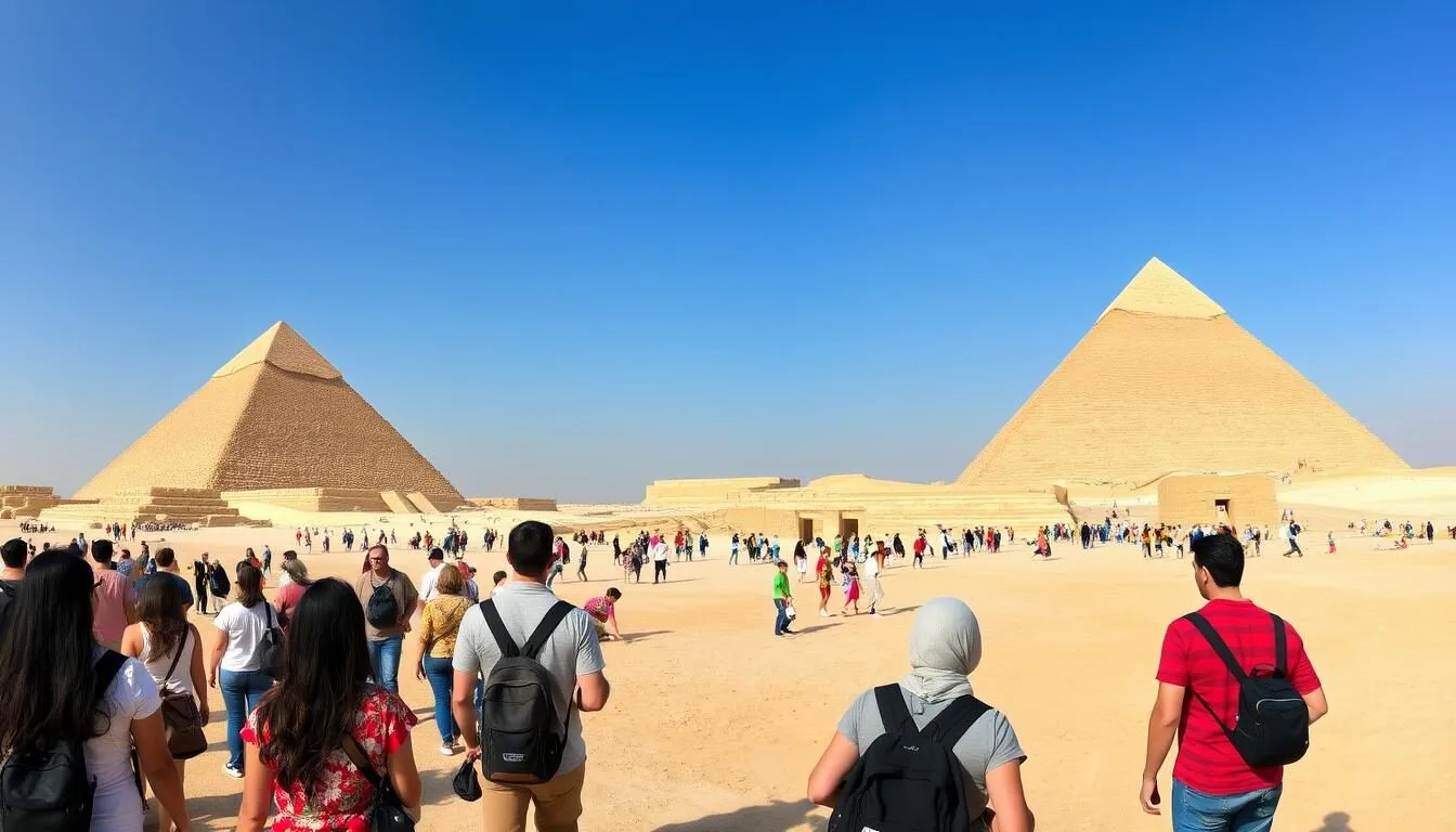 Panoramic view of the Giza Pyramids with tourists exploring the site on a clear day