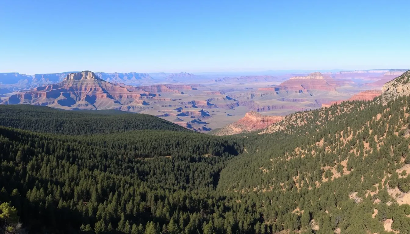 Panoramic-view-of-the-Kaibab-Plateau-with-its-dense-Ponderosa-pine-forests-and-distant-views-of Panoramic view of the Kaibab Plateau with its dense Ponderosa pine forests and distant views of the Grand Canyon's North Rim