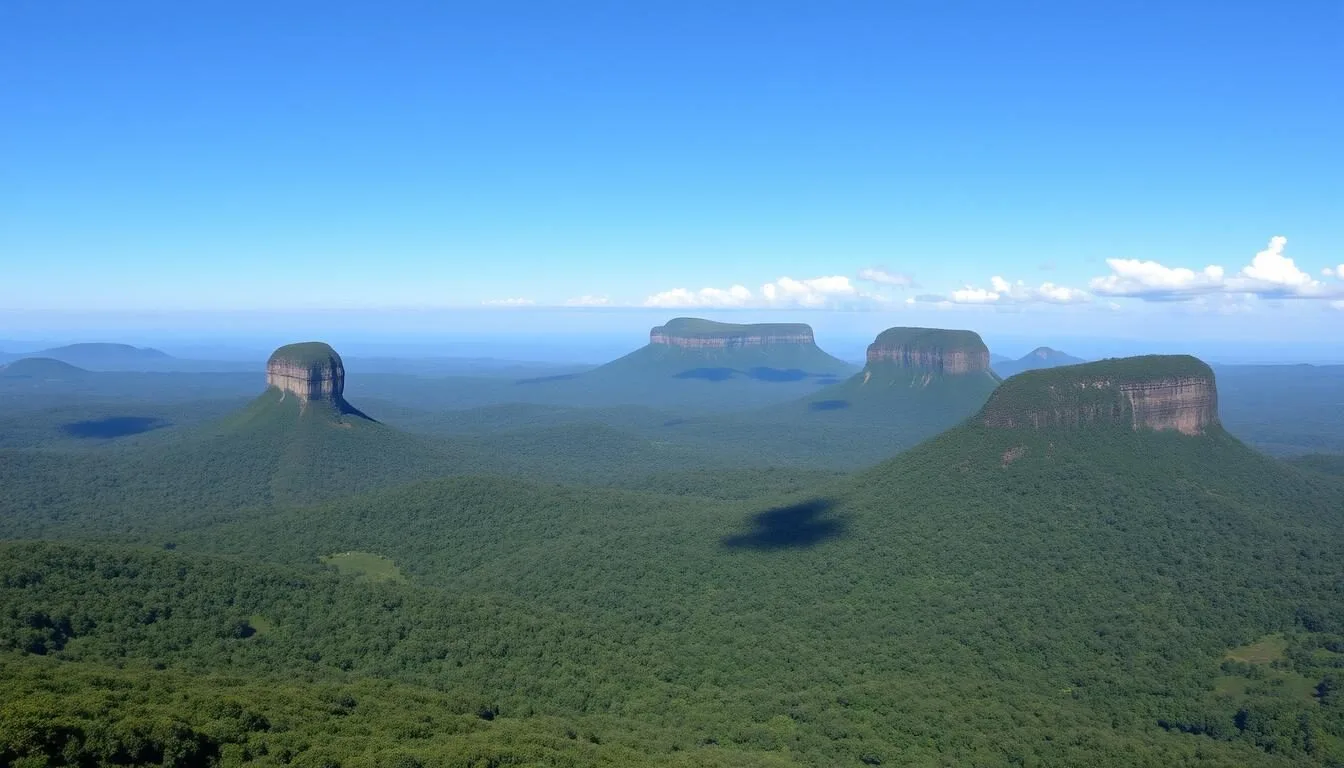 Panoramic view of the Pacaraima Mountains with lush green forests and dramatic table-top formations in Guyana