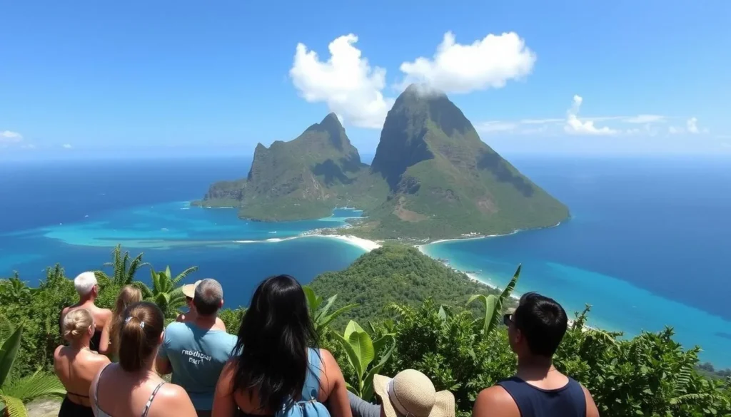 Panoramic view of the Pitons from Choiseul Viewpoint with Caribbean Sea in the foreground