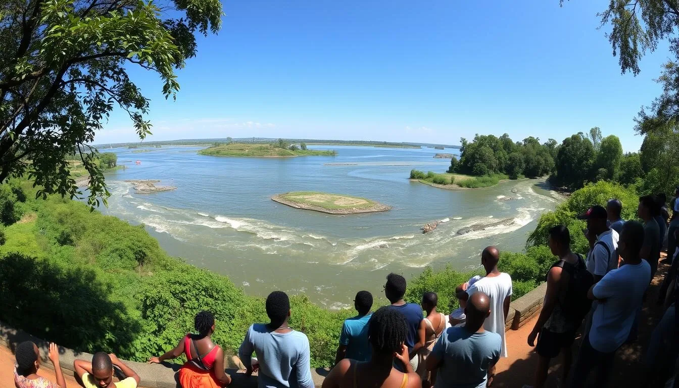 Panoramic view of the Source of the Nile in Jinja, Uganda, showing the point where the river begins its journey from Lake Victoria