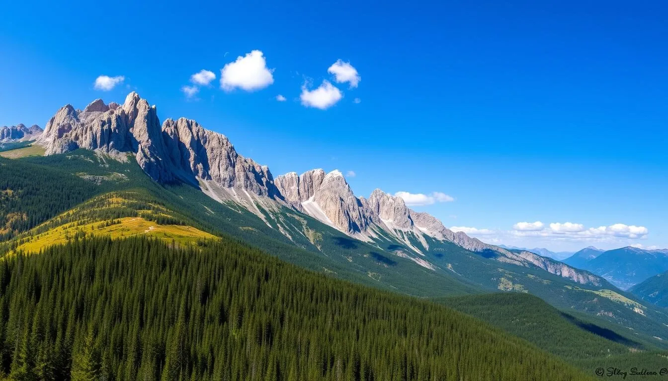 Panoramic-view-of-the-Ural-Mountains-with-forests-and-rocky-peaks-under-blue-sky Panoramic view of the Ural Mountains with forests and rocky peaks under blue sky