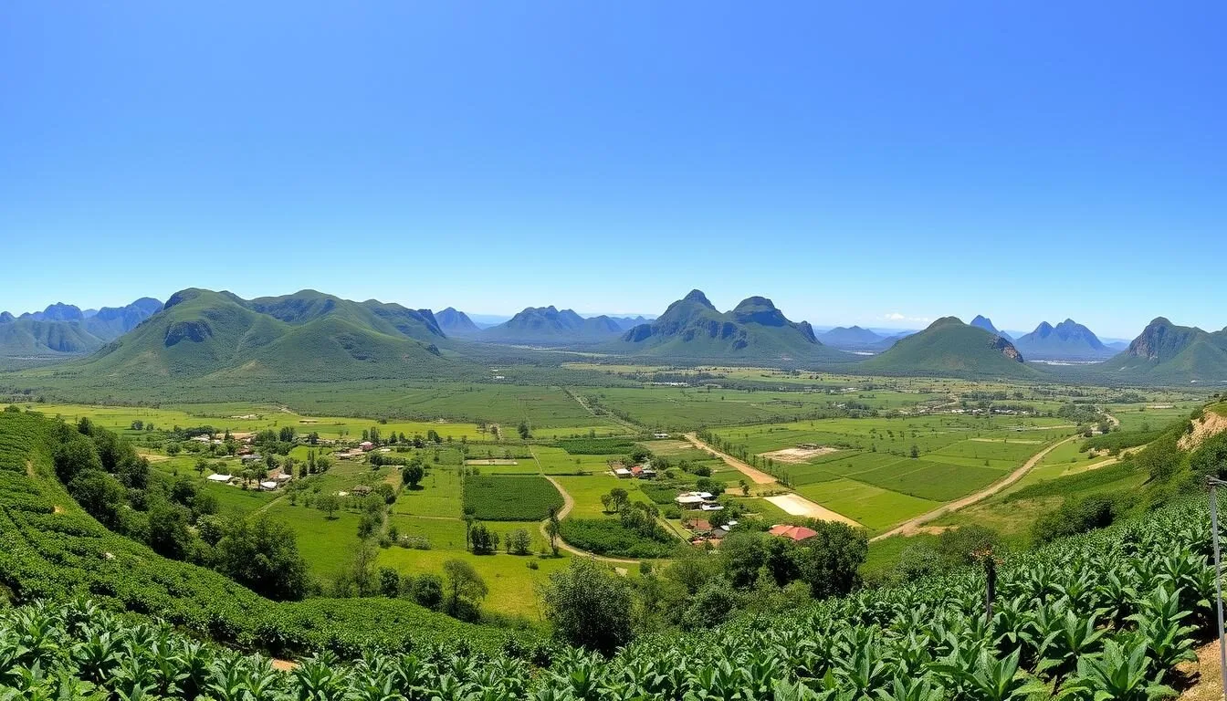 Panoramic view of the Valle de Vinales landscape with lush green fields and distinctive mogotes (limestone hills) rising from the valley floor