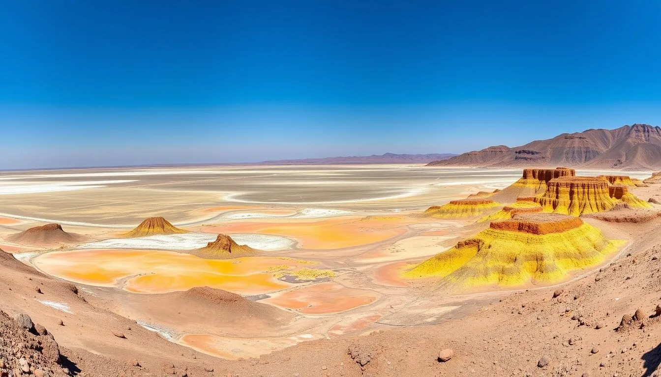 Panoramic-view-of-the-colorful-Danakil-Depression-landscape-with-salt-formations-and-volcanic Panoramic view of the colorful Danakil Depression landscape with salt formations and volcanic features