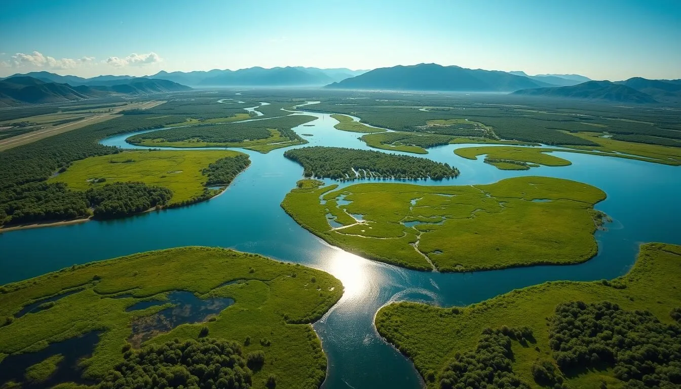 Panoramic view of the lush green Neretva Delta in Croatia with winding waterways and mountains in the background