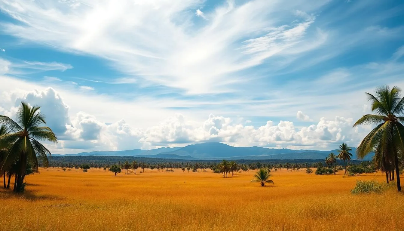 Panoramic view of the vast Rupununi Savannahs in Guyana with rolling grasslands and distant mountains under blue sky