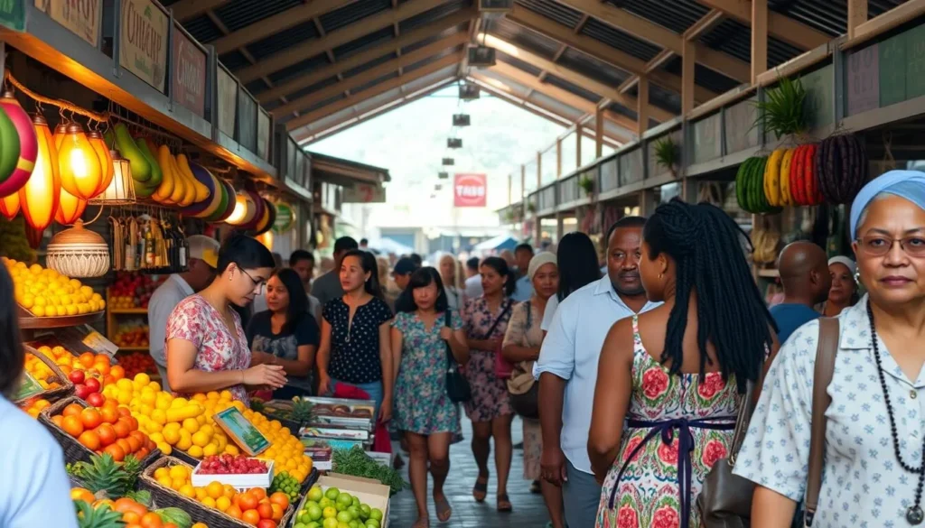 Papeete Market with colorful displays of fruits, crafts and black pearls, essential things to do in Papeete French Polynesia