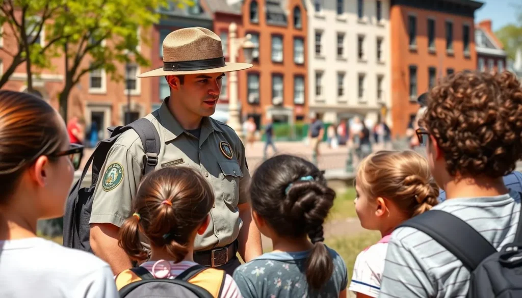 Park Ranger speaking with diverse visitors at Independence National Historical Park Park Ranger speaking with diverse visitors at Independence National Historical Park