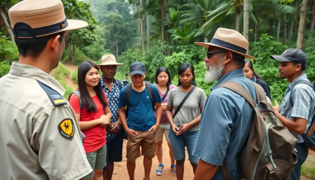 Park ranger briefing tourists on safety guidelines before a hike in Semuliki National Park