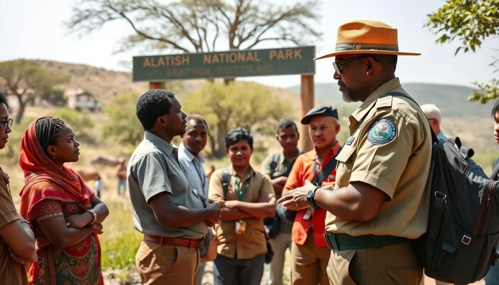 Park ranger briefing visitors about safety protocols in Alatish National Park Ethiopia Park ranger briefing visitors about safety protocols in Alatish National Park Ethiopia