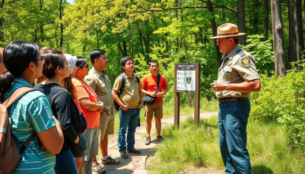 Park ranger explaining safety guidelines to diverse visitors at Devil's Island State Park Illinois