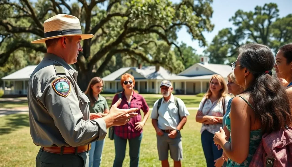 Park ranger giving a tour at Oakland Plantation to diverse visitors