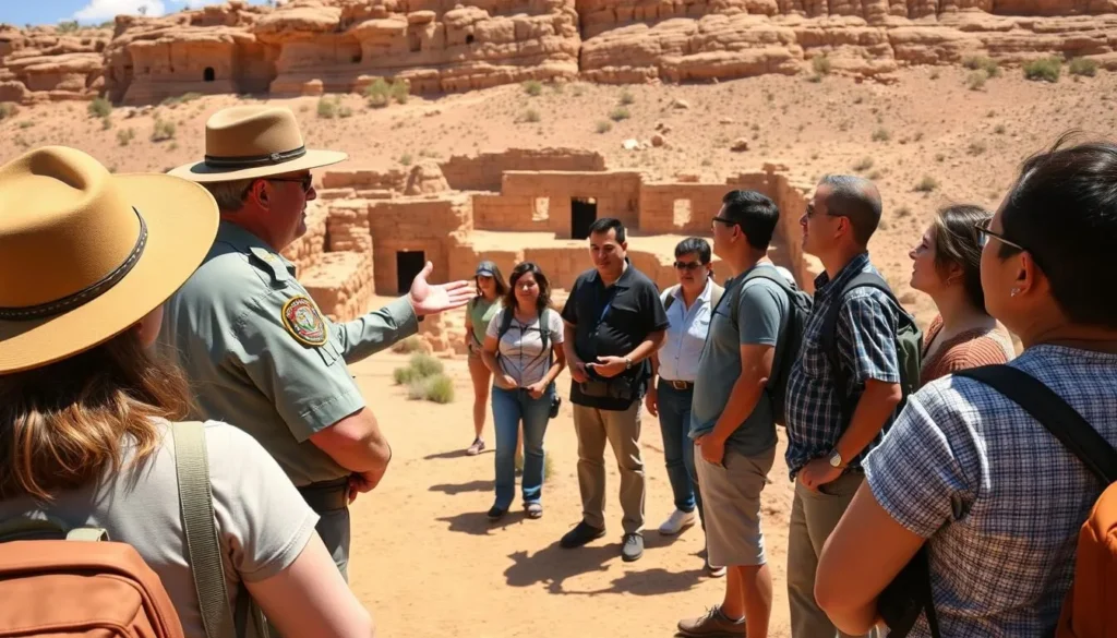 Park ranger giving a tour to diverse visitors at Chaco Culture National Historical Park Park ranger giving a tour to diverse visitors at Chaco Culture National Historical Park
