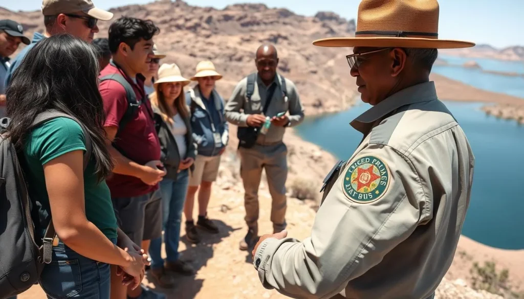 Park ranger leading an educational program with diverse visitors at Lake Mead Park ranger leading an educational program with diverse visitors at Lake Mead
