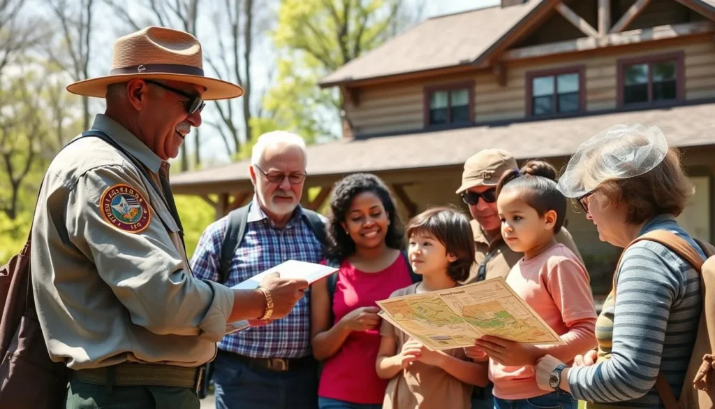Park ranger providing information to visitors at Maurice K. Goddard State Park Pennsylvania Park ranger providing information to visitors at Maurice K. Goddard State Park Pennsylvania