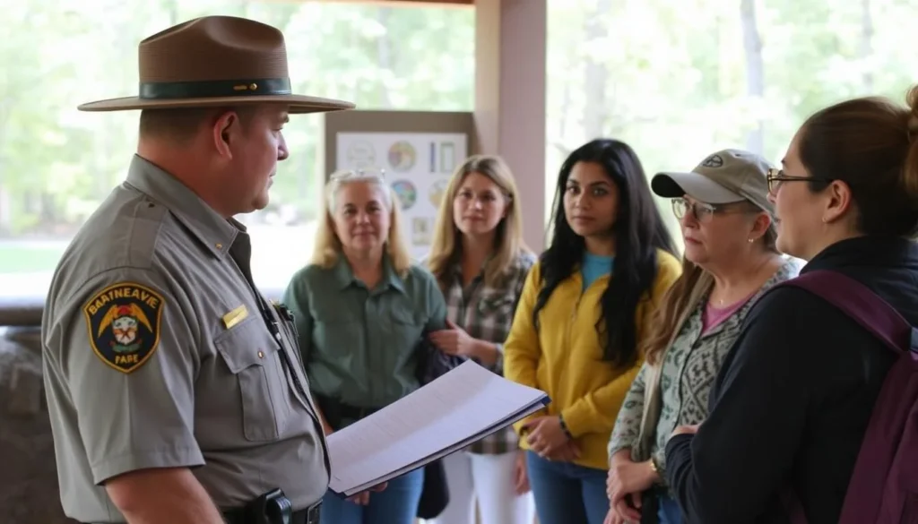 Park ranger providing safety information to visitors at Brantley Lake State Park