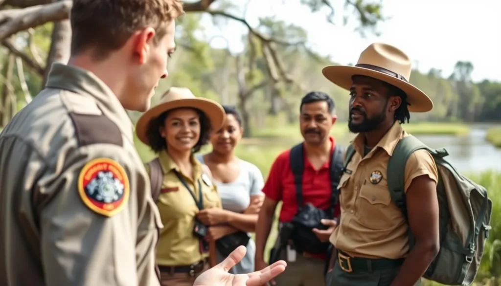 Park ranger speaking with visitors about safety and wildlife at Myakka River State Park
