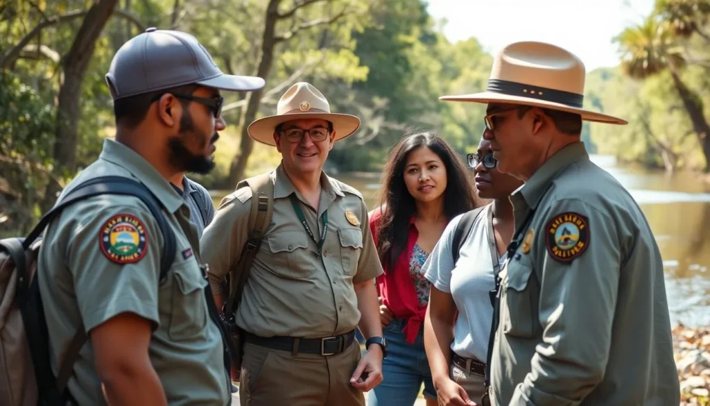 Park ranger talking to diverse visitors about safety at Suwannee River State Park