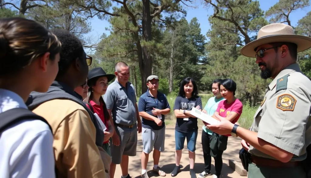 Park ranger talking to visitors at Frank Holten State Park information point Park ranger talking to visitors at Frank Holten State Park information point