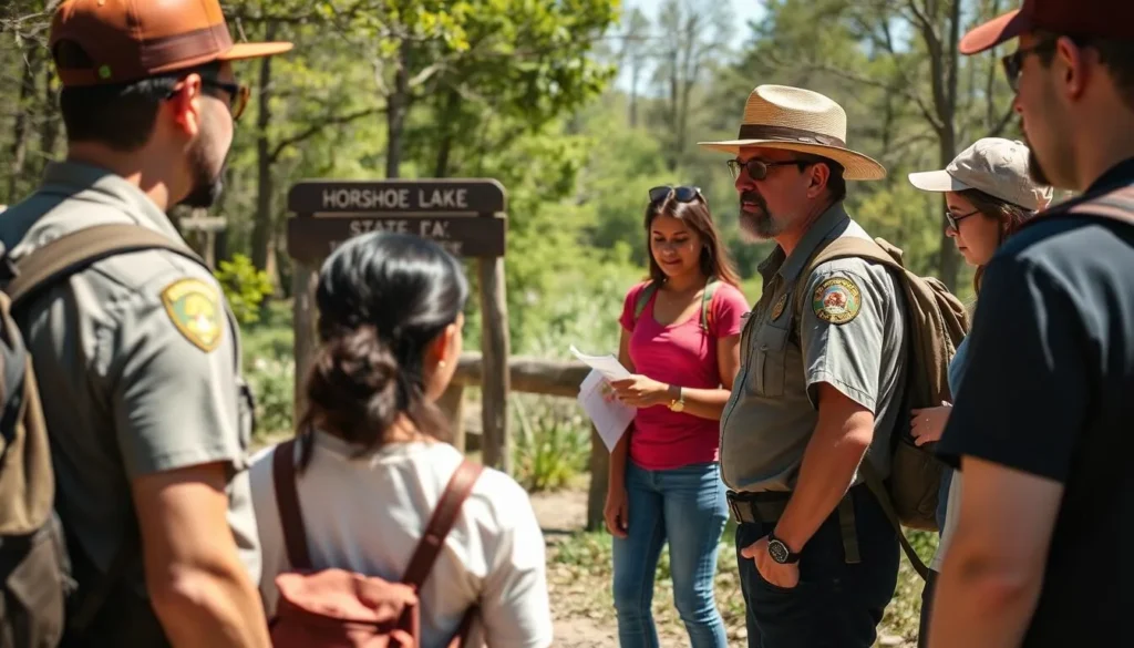 Park ranger talking to visitors at Horseshoe Lake State Park Illinois Park ranger talking to visitors at Horseshoe Lake State Park Illinois