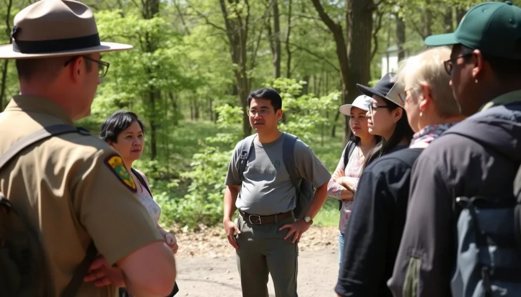 Park ranger talking to visitors at Lackawanna State Park information board Park ranger talking to visitors at Lackawanna State Park information board