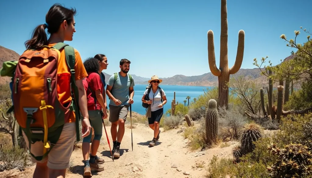 Park visitors exploring trails near Alamo Lake with diverse group of hikers