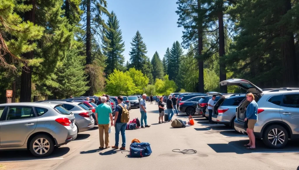 Parking area at Butano State Park with visitors preparing for hiking