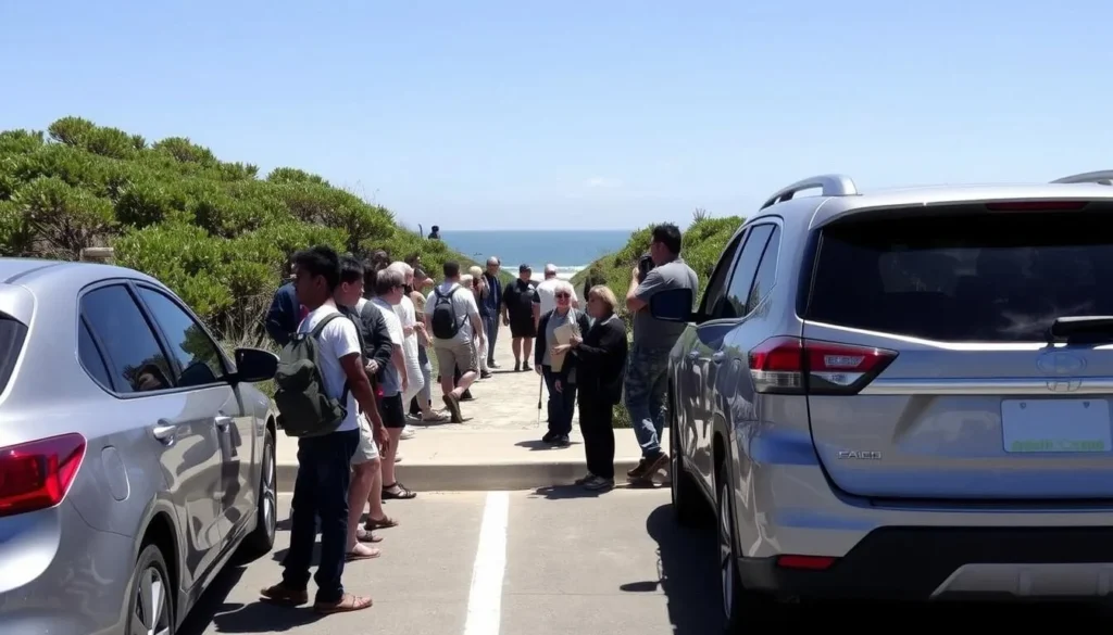 Parking area at Pelican State Beach California with vehicles and trail access