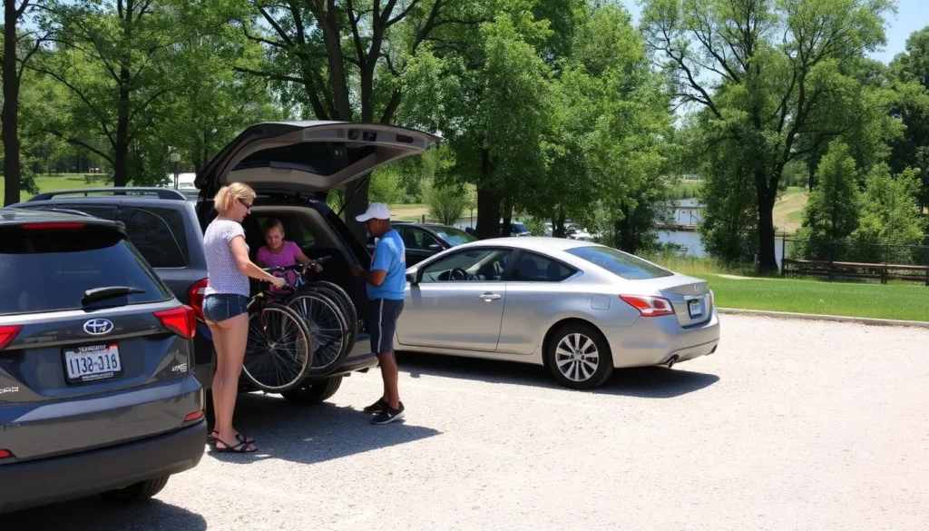 Parking area at one of the Hennepin Canal State Park access points with cars and a family unloading bicycles Parking area at one of the Hennepin Canal State Park access points with cars and a family unloading bicycles