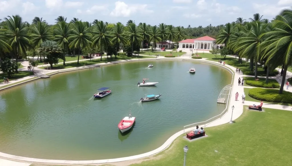 Parque Josone in Varadero with its lake, gardens and visitors enjoying the scenery