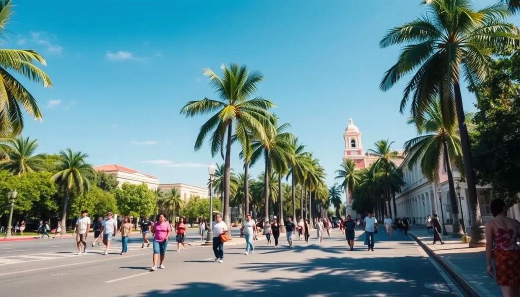Paseo de Montejo boulevard in Merida Mexico with pedestrians and palm trees