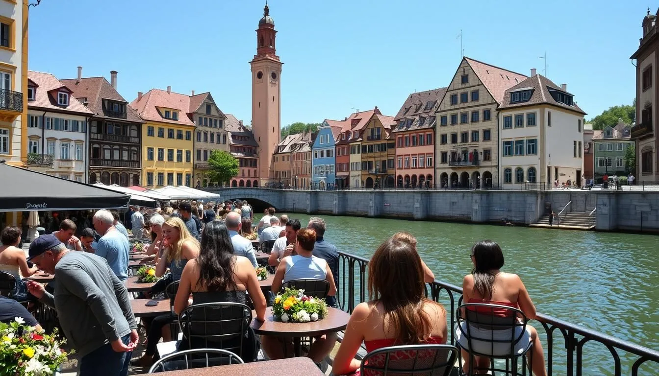 Passau-Old-Town-in-summer-with-tourists-enjoying-outdoor-cafes-along-the-river Passau Old Town in summer with tourists enjoying outdoor cafes along the river