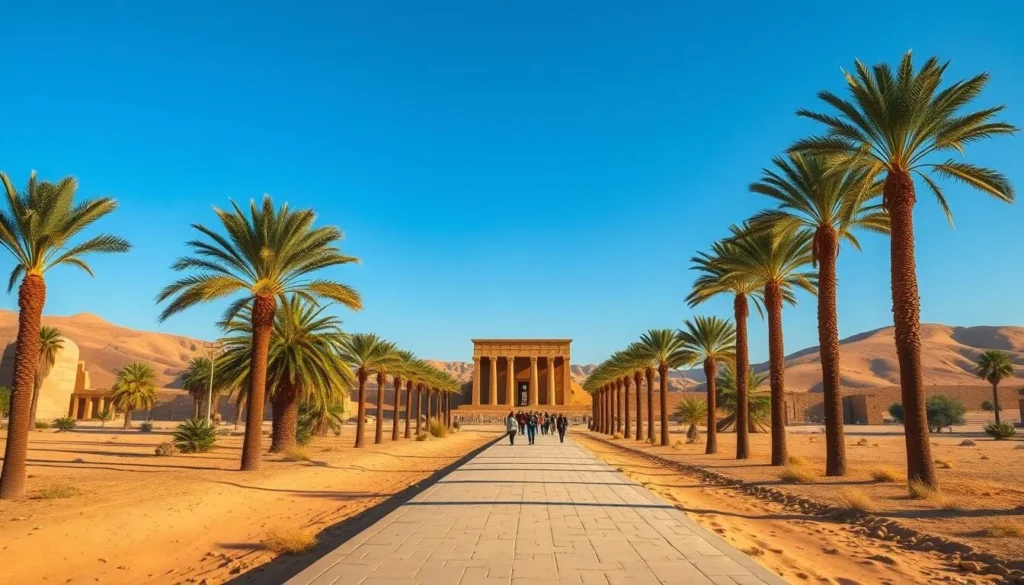 Pathway through the Dendera Temple Complex showing the layout with the main Temple of Hathor in the background Pathway through the Dendera Temple Complex showing the layout with the main Temple of Hathor in the background
