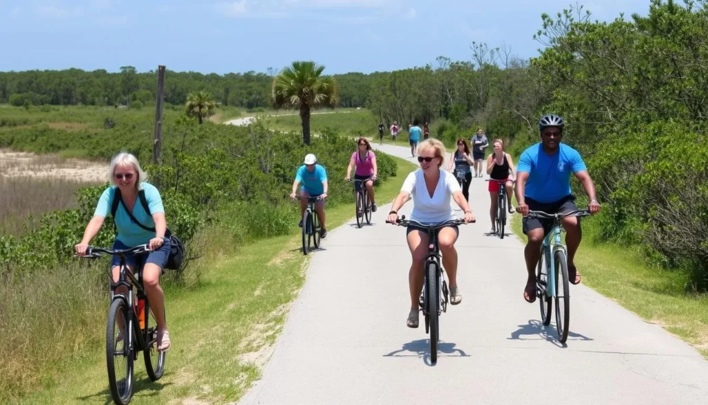 Paved Timucuan Trail at Little Talbot Island State Park with cyclists and pedestrians