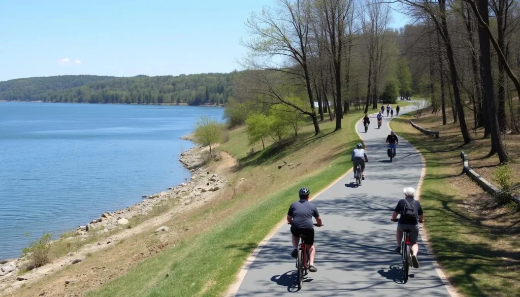 Paved bicycle path along Lake Arthur shoreline at Moraine State Park Paved bicycle path along Lake Arthur shoreline at Moraine State Park